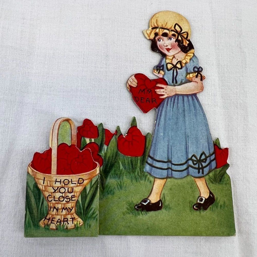 Vtg 1930s 1937 Valentine's Day Holiday Milkmaid Basket Folding Card - Picture 1 of 4